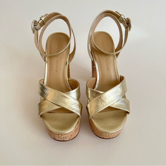 Veronica Beard Gold Lalana Leather Ankle Strap Cork Platform Heel Sandal 6.5 NIB - Picture 6 of 16